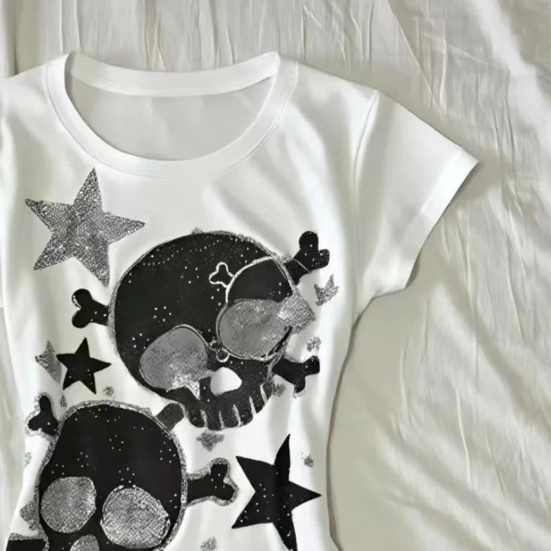 Japanese Y2k Women's Tees 2000s Hottie Clothes Tops Star Skull Graphic Print T Shirts Goth Emo Punk Aesthetics Chic T-shirt