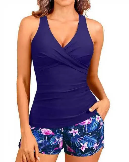 Woman Tankini With Shorts Sleeveless Halter Neck Tummy Control Ruched Waist Two Piece Swimsuit Leopard Print Swim Tankini