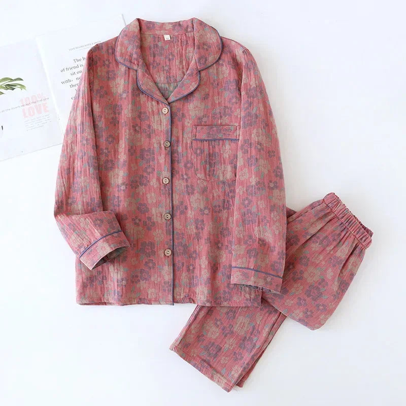 2026 new spring and summer women's pajamas suit long-sleeved trousers two-piece 100% cotton crepe flower leaves home clothes