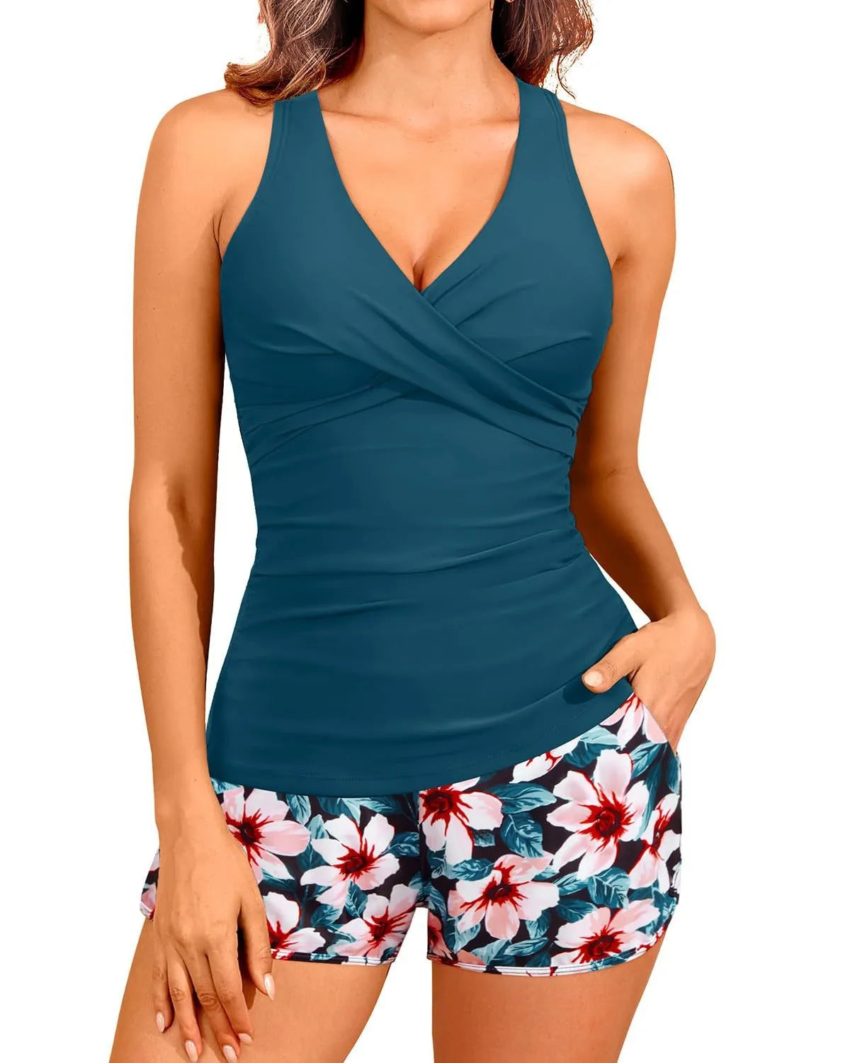 Woman Tankini With Shorts Sleeveless Halter Neck Tummy Control Ruched Waist Two Piece Swimsuit Leopard Print Swim Tankini