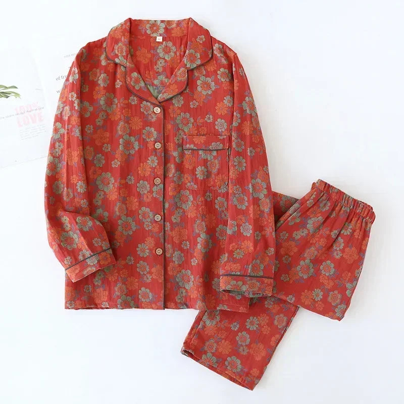 2026 new spring and summer women's pajamas suit long-sleeved trousers two-piece 100% cotton crepe flower leaves home clothes