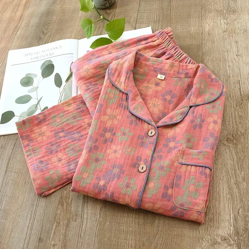2026 new spring and summer women's pajamas suit long-sleeved trousers two-piece 100% cotton crepe flower leaves home clothes