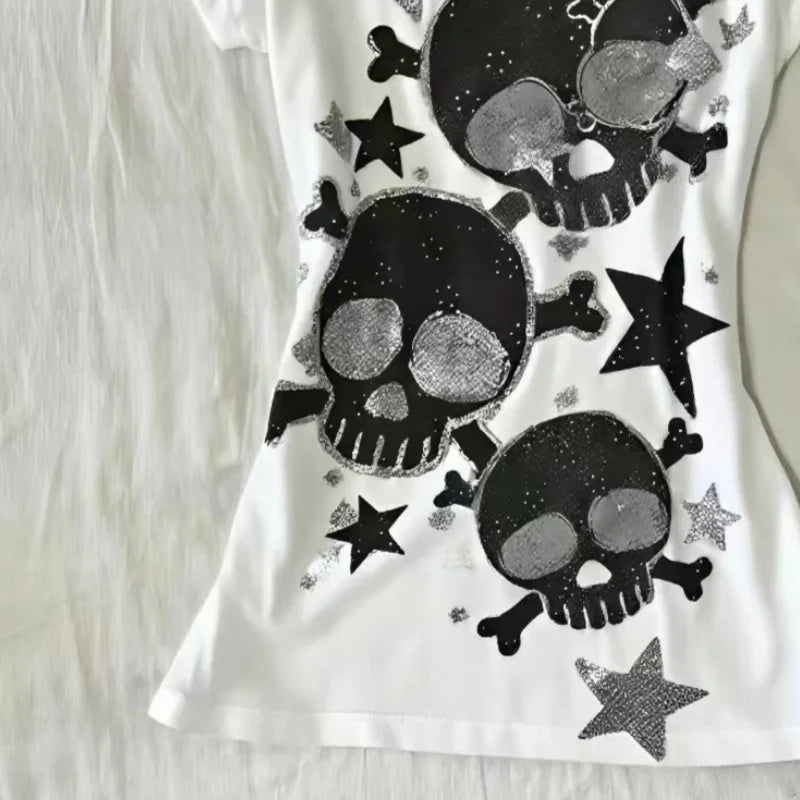 Japanese Y2k Women's Tees 2000s Hottie Clothes Tops Star Skull Graphic Print T Shirts Goth Emo Punk Aesthetics Chic T-shirt