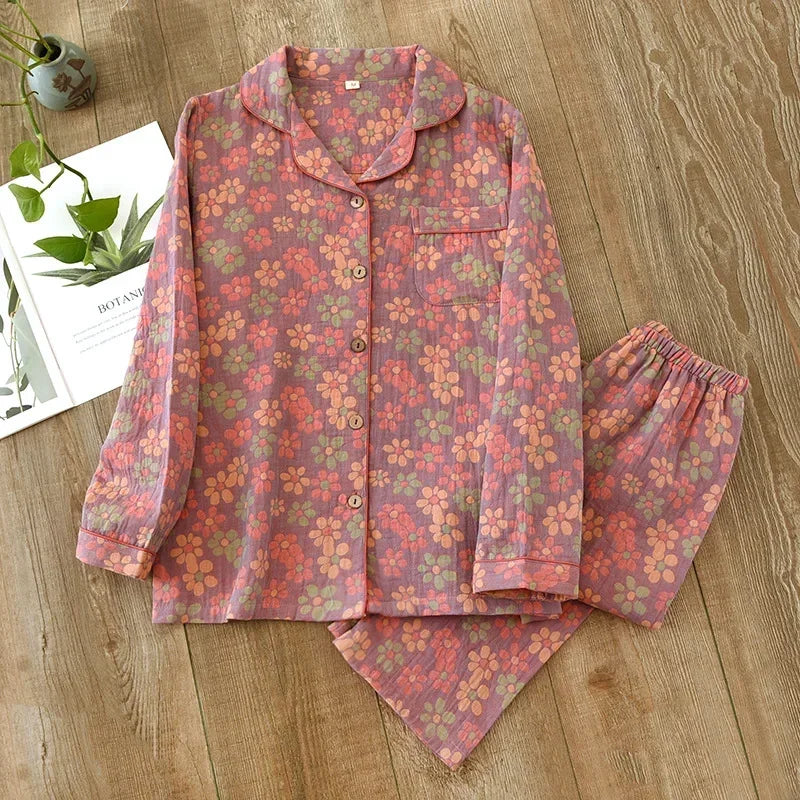 2026 new spring and summer women's pajamas suit long-sleeved trousers two-piece 100% cotton crepe flower leaves home clothes