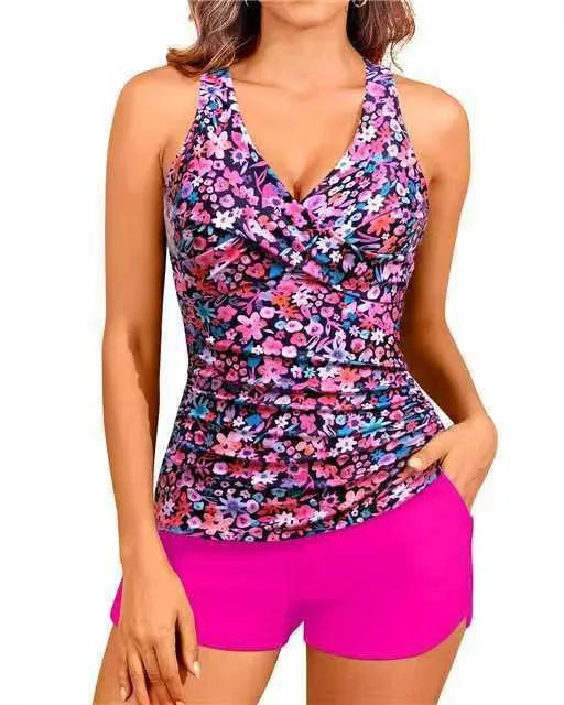 Woman Tankini With Shorts Sleeveless Halter Neck Tummy Control Ruched Waist Two Piece Swimsuit Leopard Print Swim Tankini