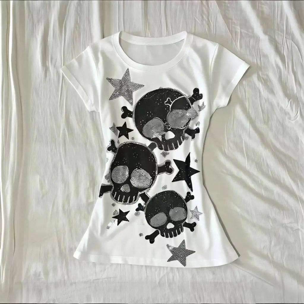 Japanese Y2k Women's Tees 2000s Hottie Clothes Tops Star Skull Graphic Print T Shirts Goth Emo Punk Aesthetics Chic T-shirt