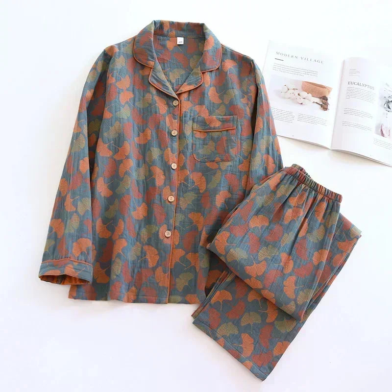 2026 new spring and summer women's pajamas suit long-sleeved trousers two-piece 100% cotton crepe flower leaves home clothes