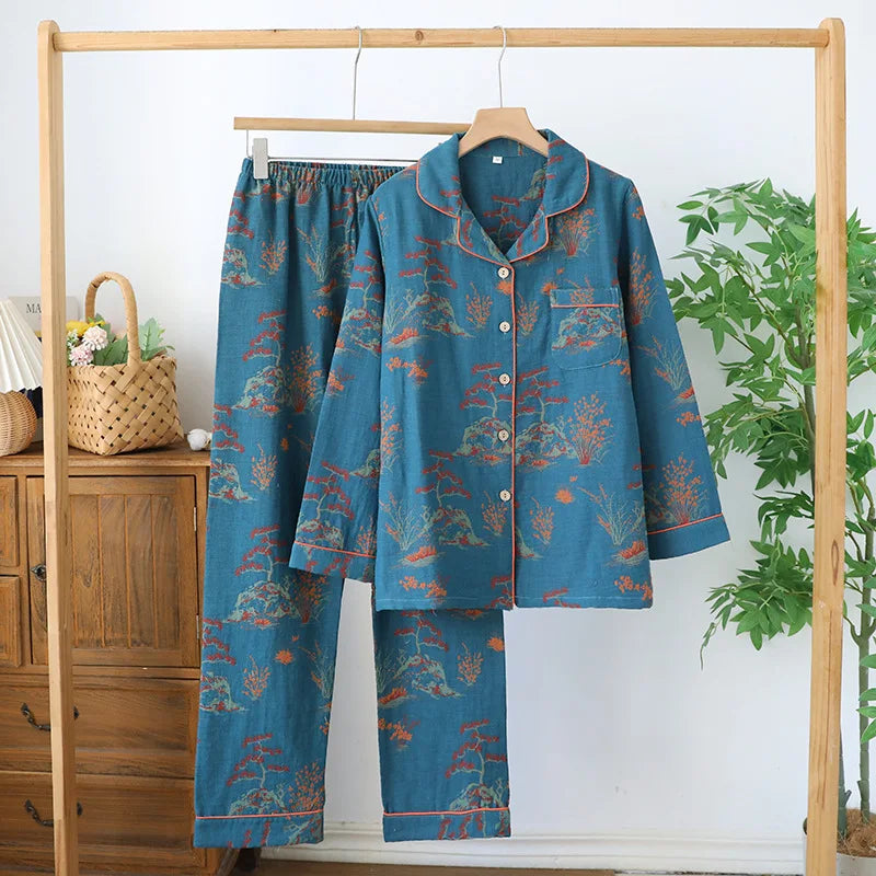 2026 new spring and summer women's pajamas suit long-sleeved trousers two-piece 100% cotton crepe flower leaves home clothes