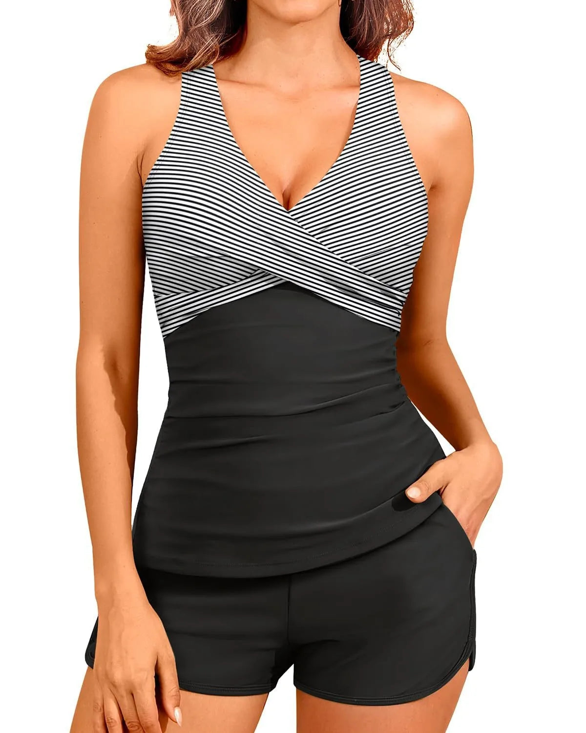 Woman Tankini With Shorts Sleeveless Halter Neck Tummy Control Ruched Waist Two Piece Swimsuit Leopard Print Swim Tankini