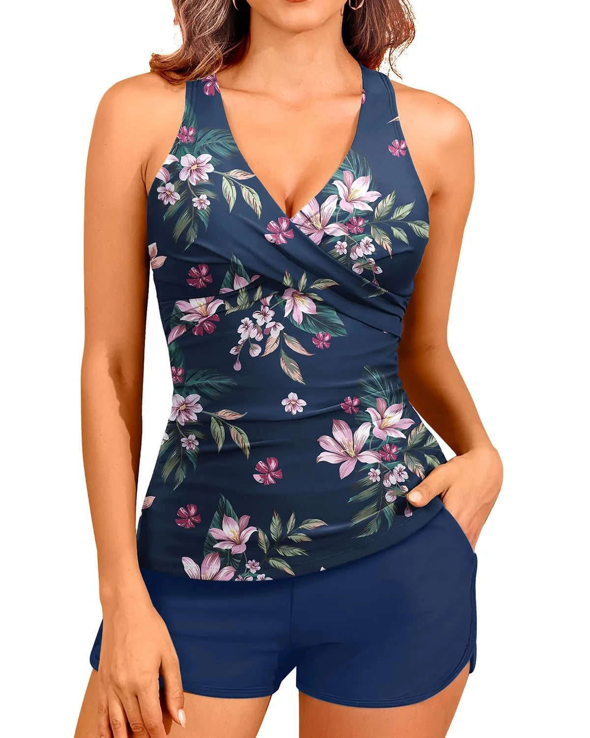 Woman Tankini With Shorts Sleeveless Halter Neck Tummy Control Ruched Waist Two Piece Swimsuit Leopard Print Swim Tankini