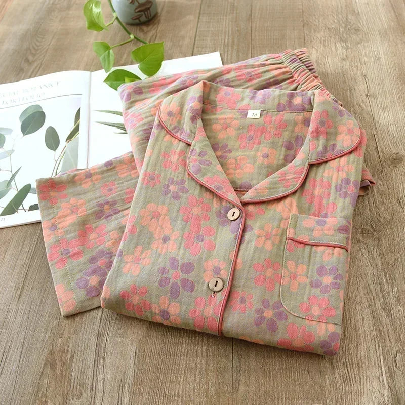2026 new spring and summer women's pajamas suit long-sleeved trousers two-piece 100% cotton crepe flower leaves home clothes