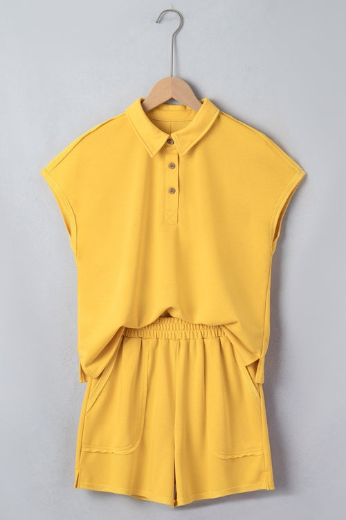 Solid Polo Tee & Elastic Waist Short Set