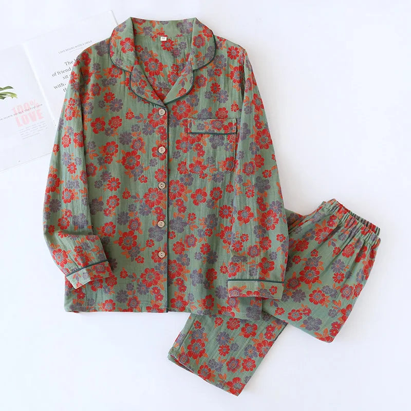 2026 new spring and summer women's pajamas suit long-sleeved trousers two-piece 100% cotton crepe flower leaves home clothes