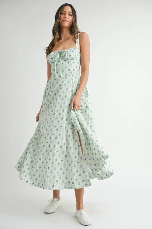 MABLE Floral Print Bustier Back Lace Up Midi Dress