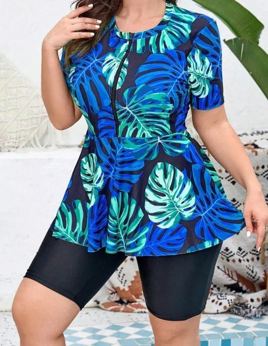 Swimwear 2026 Woman Tankini Short Sleeve Peplum Top Monstera Print Bikini Set High Waist Bottom Two Piece Bathing Suit Women's