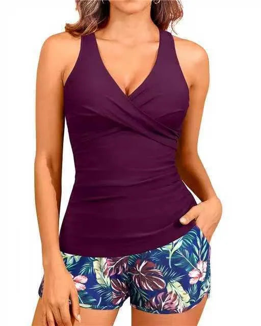 Woman Tankini With Shorts Sleeveless Halter Neck Tummy Control Ruched Waist Two Piece Swimsuit Leopard Print Swim Tankini